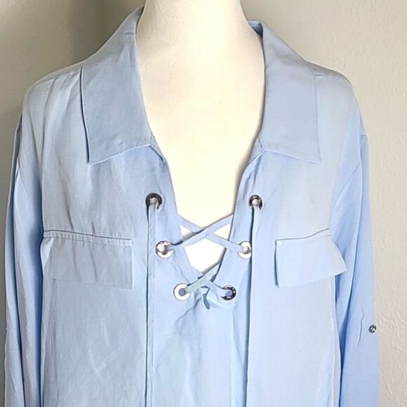Calvin Klein Light Blue Longsleeve Top with Lace-up Front, Size 2X - Picture 4 of 10